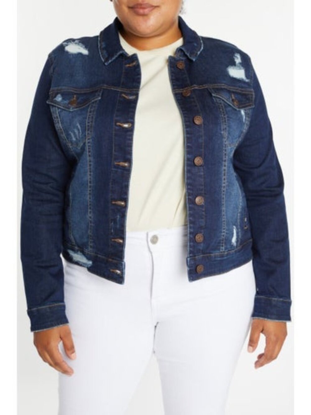 Women's EnJean Size 1X Distressed Denim Jacket- Dark Wash EUC